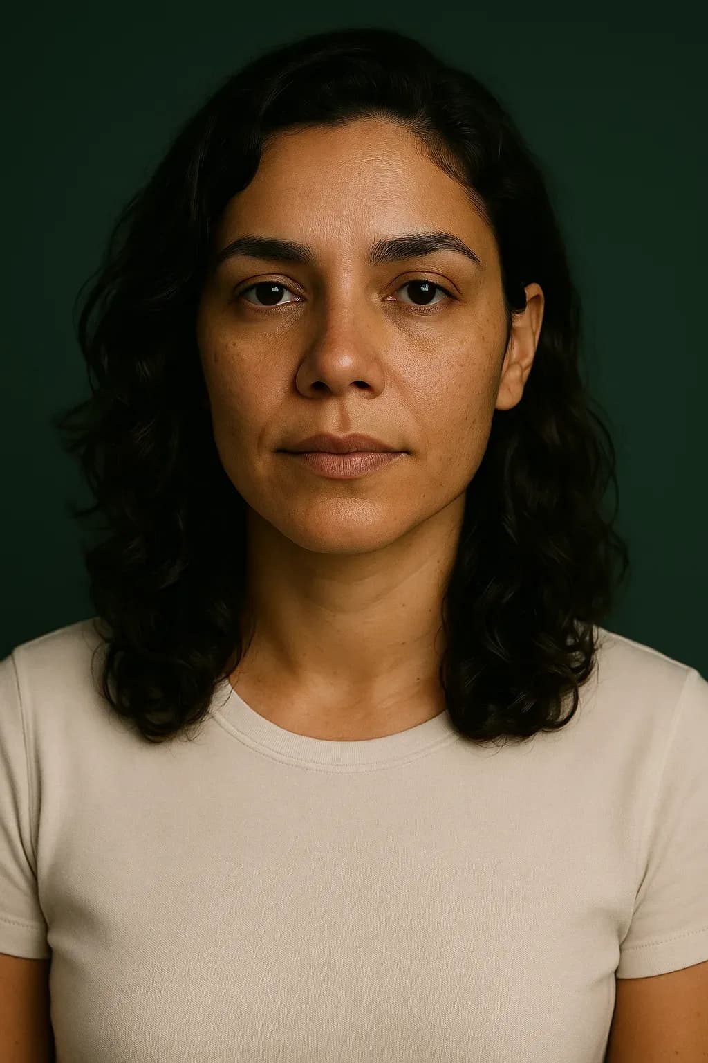 Depois: retrato de estúdio da mesma mulher, camiseta creme, sobre fundo verde profundo, com luz suave vinda de um lado.