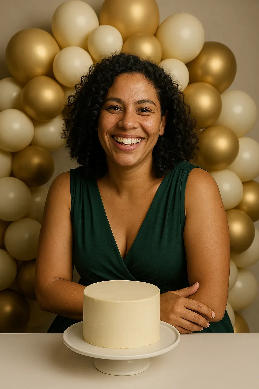 Mulher de vestido verde sorrindo atrás de um bolo branco, diante de um arco de balões dourados e creme.