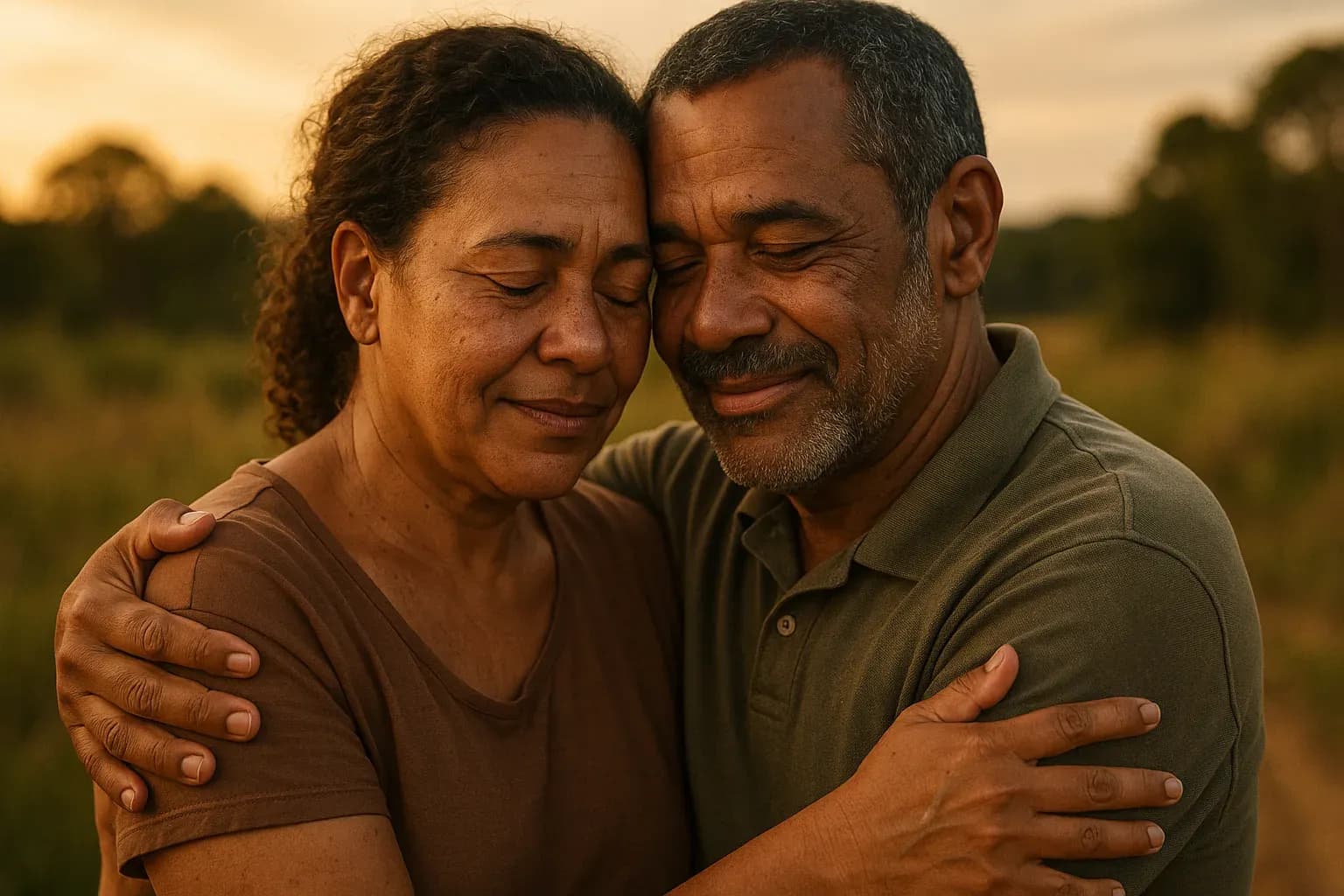 Casal abraçado de olhos fechados em um campo, na luz dourada do fim da tarde.