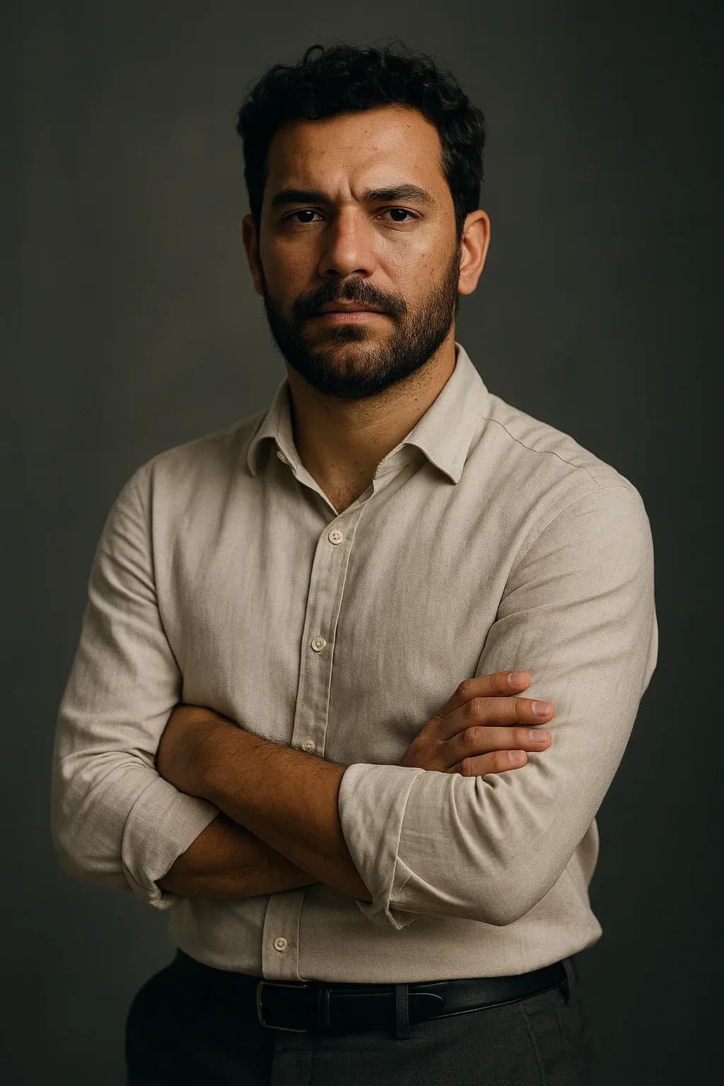 Retrato de estúdio de um homem barbado de camisa de linho clara, braços cruzados, sobre fundo verde acinzentado.