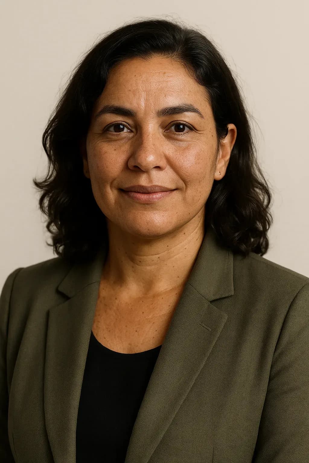 Retrato profissional de uma mulher de blazer verde-oliva sobre fundo creme, olhando para a câmera.