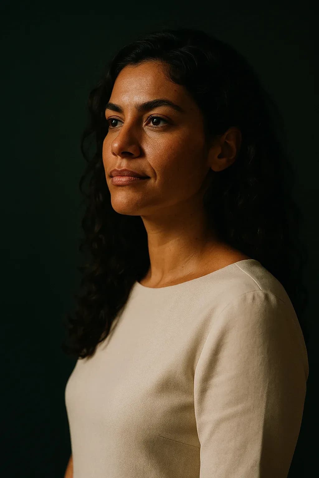 Retrato de perfil de uma mulher de blusa creme sobre fundo verde profundo, iluminada por uma luz lateral suave.